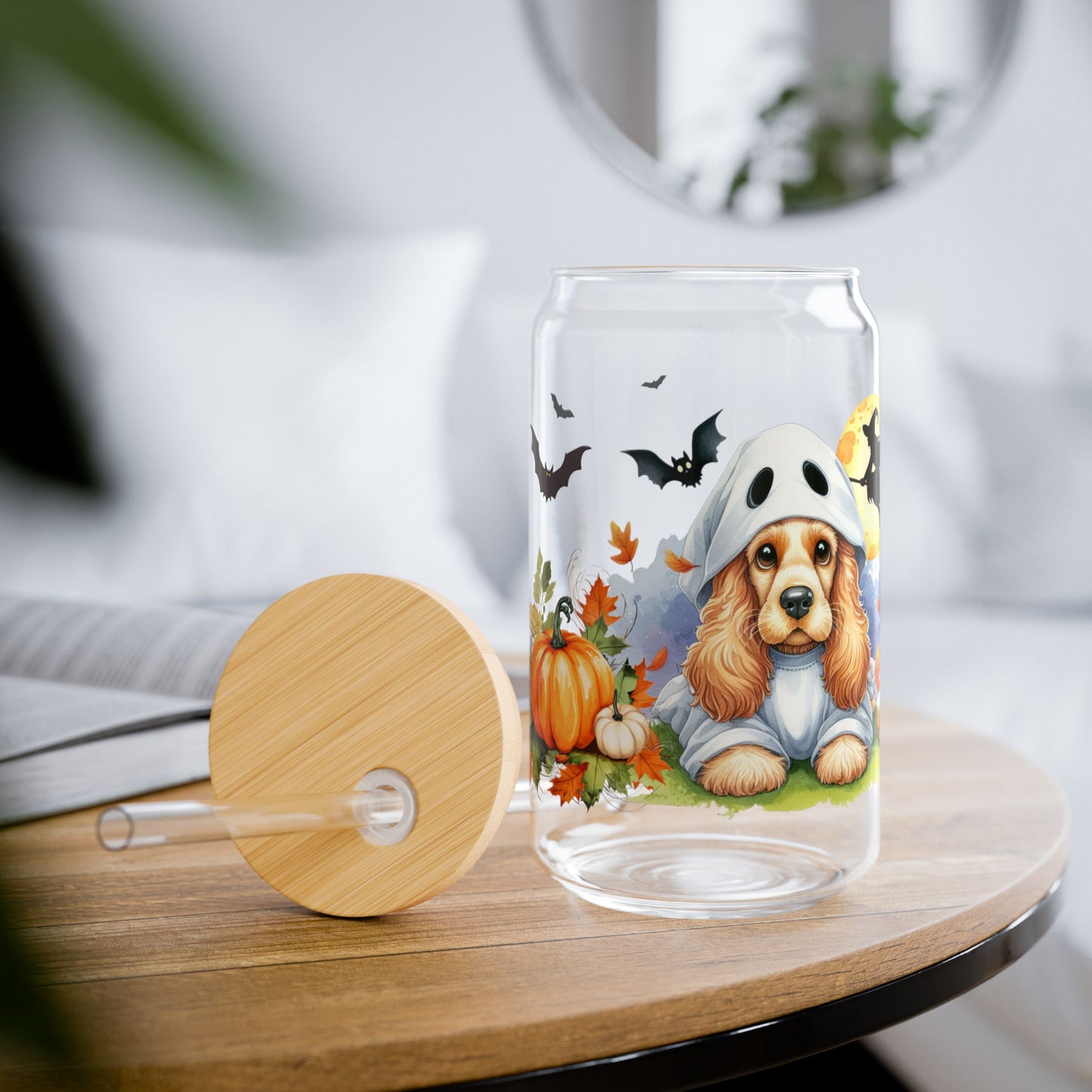 Sipper Glass, 16oz - Cocker Spaniel Ghost Puppy