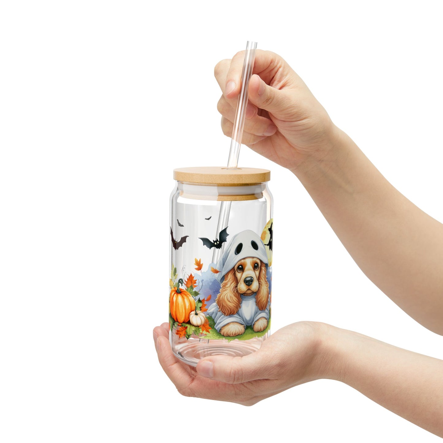 Sipper Glass, 16oz - Cocker Spaniel Ghost Puppy