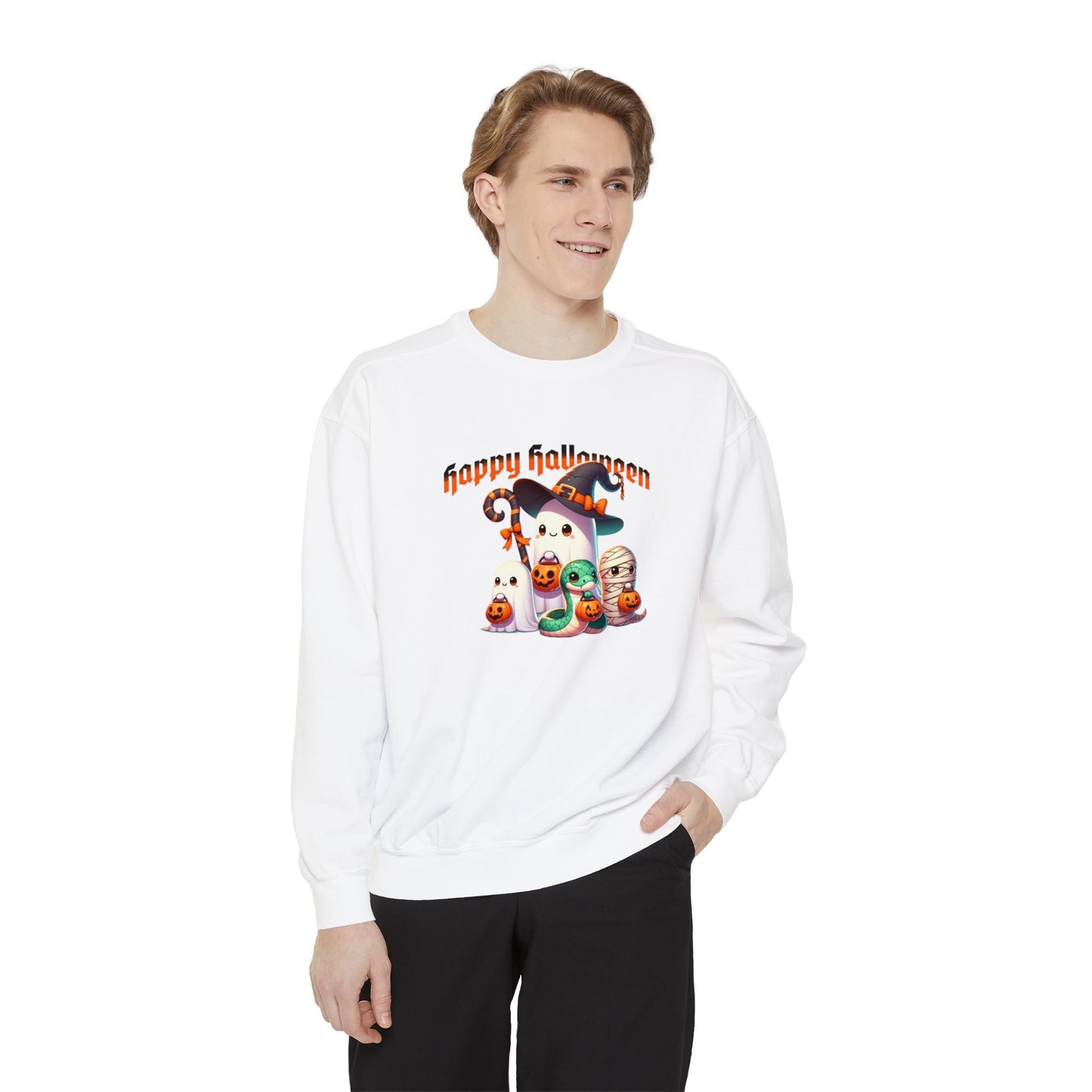Halloween Snake Family Sweatshirt. This cute whimsical Mama snake and her two hatchlings are out and about for a night of Halloween fun.