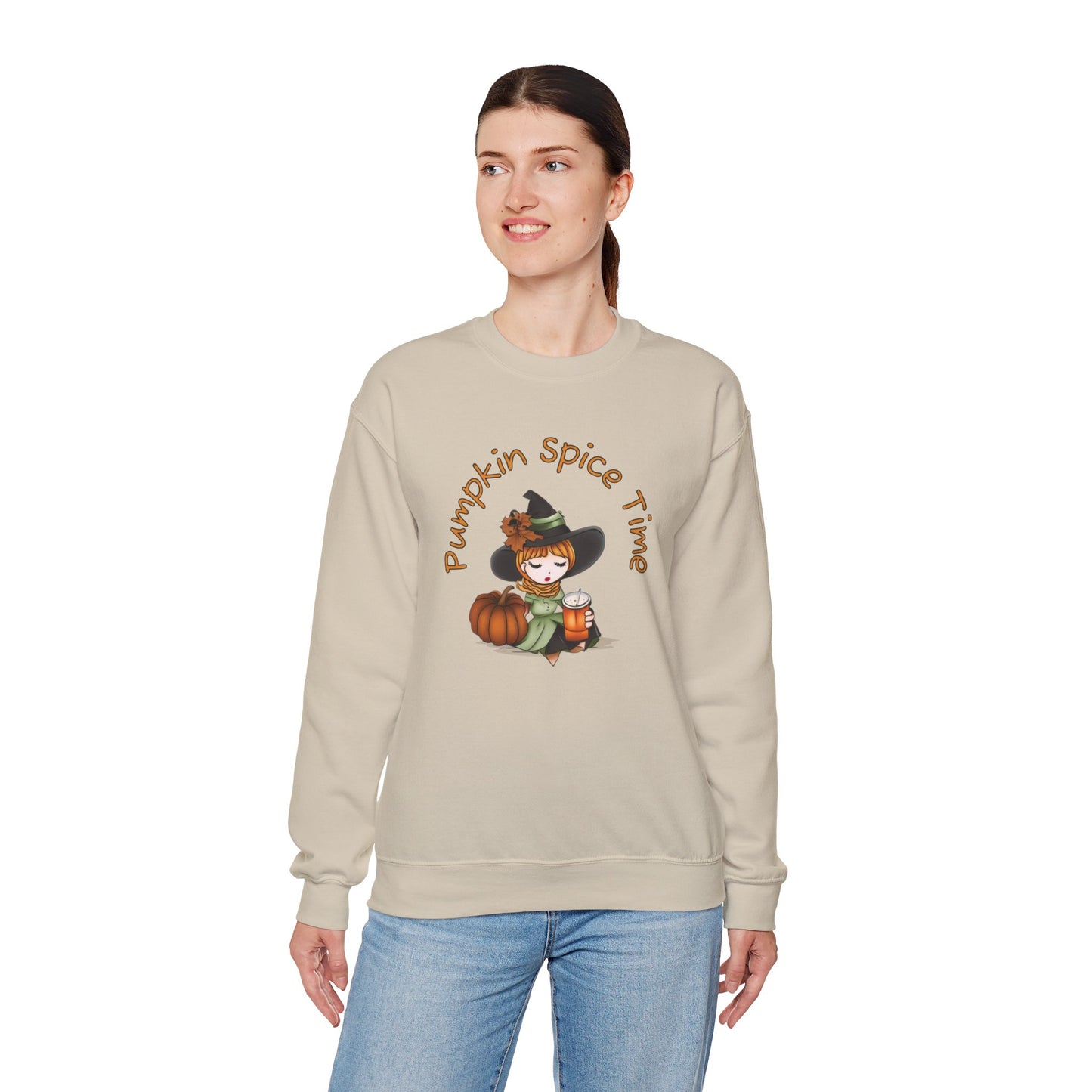 Pumpkin Spice Witch Crewneck Sweatshirt - Adorable witch enjoying her pumpkin spice and the Fall weather this Halloween