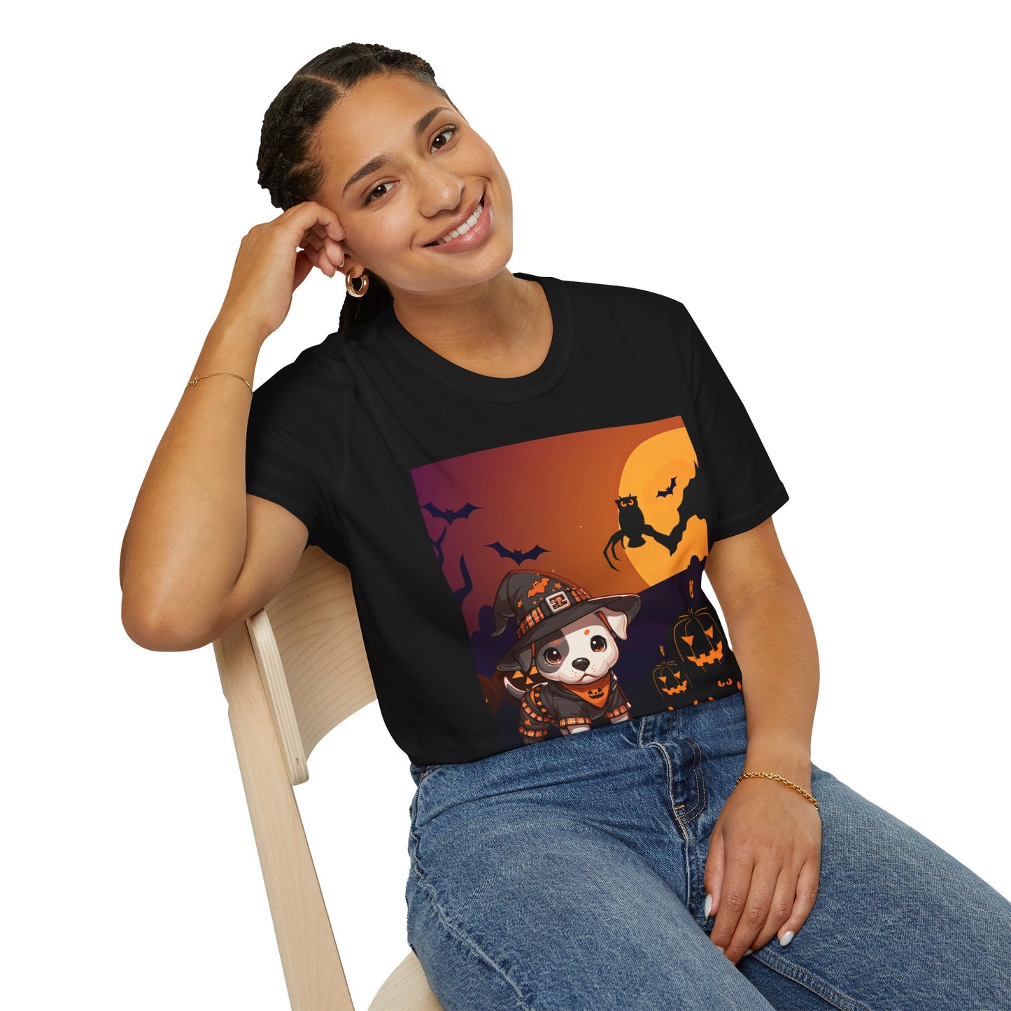 Unisex Softstyle T-Shirt - Pit Bull Pup and Pumpkins