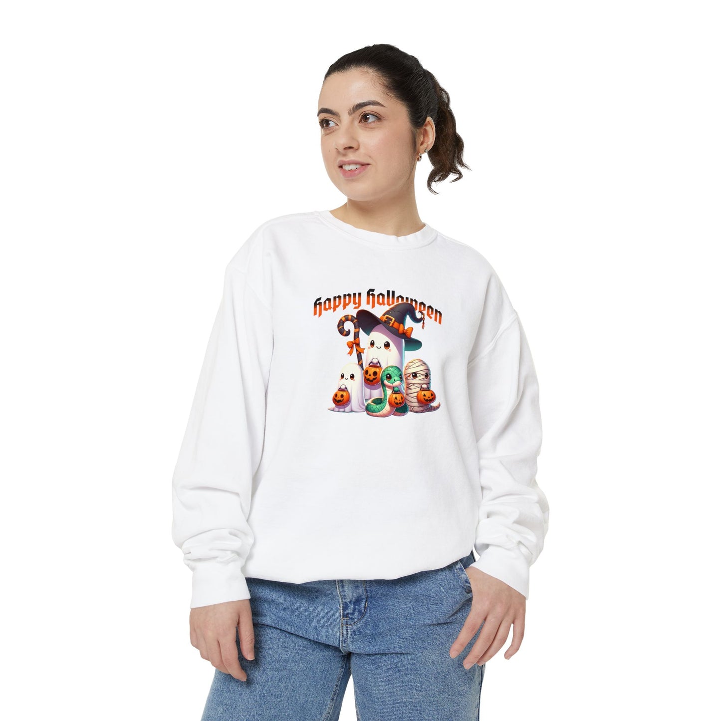 Halloween Snake Family Sweatshirt. This cute whimsical Mama snake and her two hatchlings are out and about for a night of Halloween fun.