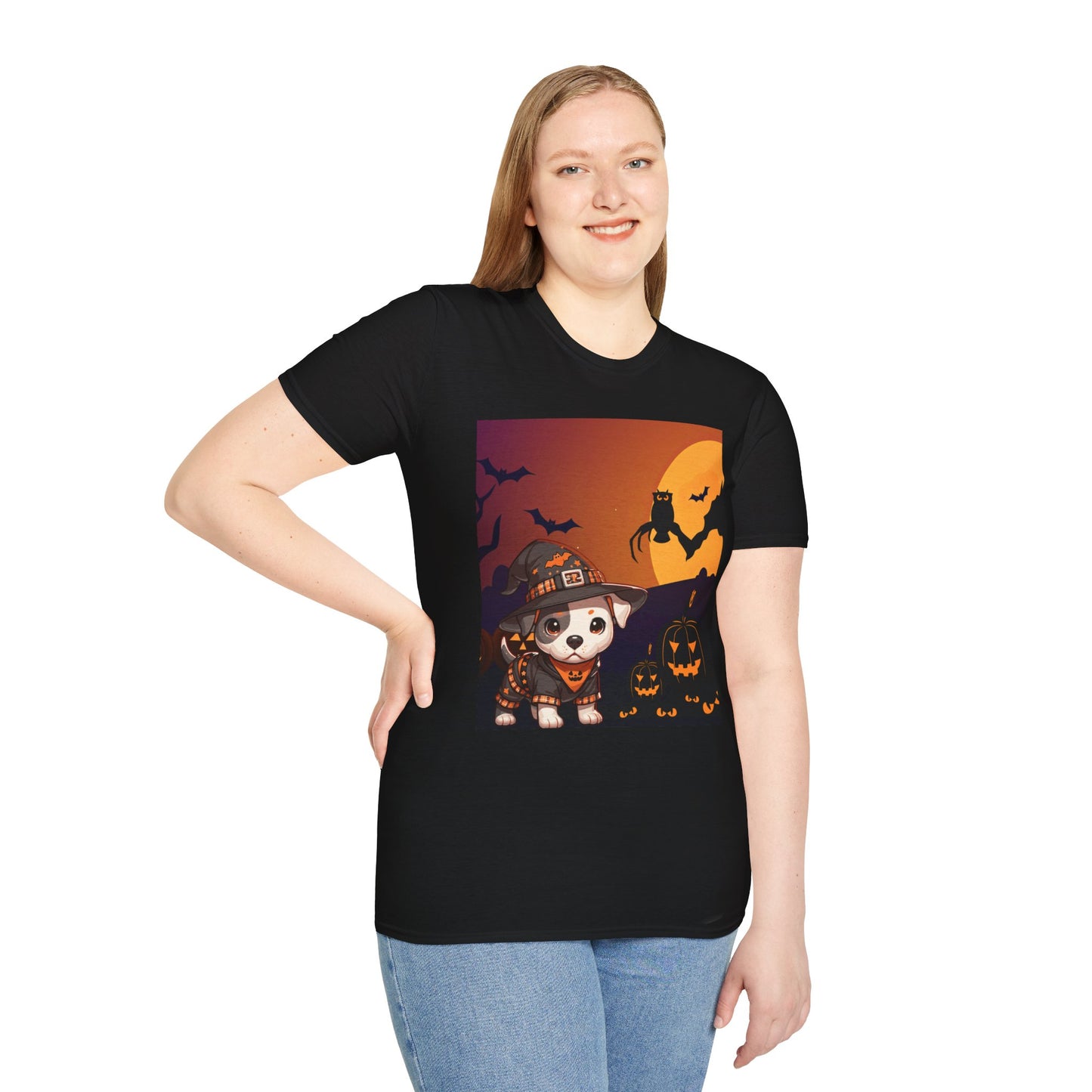Unisex Softstyle T-Shirt - Pit Bull Pup and Pumpkins