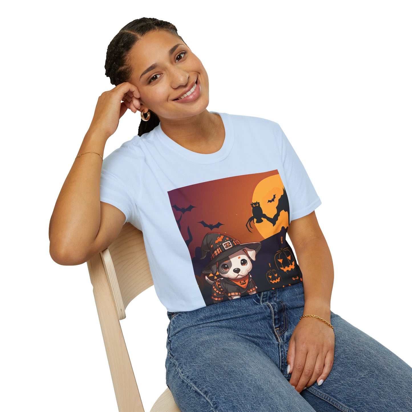 Unisex Softstyle T-Shirt - Pit Bull Pup and Pumpkins