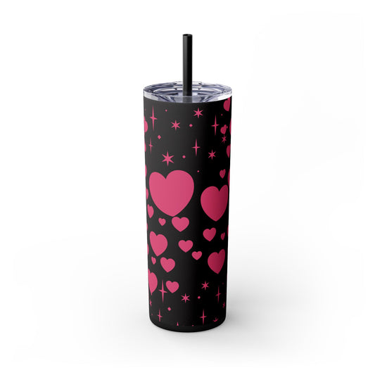 Valentine's Pink Hearts on Black Skinny Tumbler with Straw, 20oz