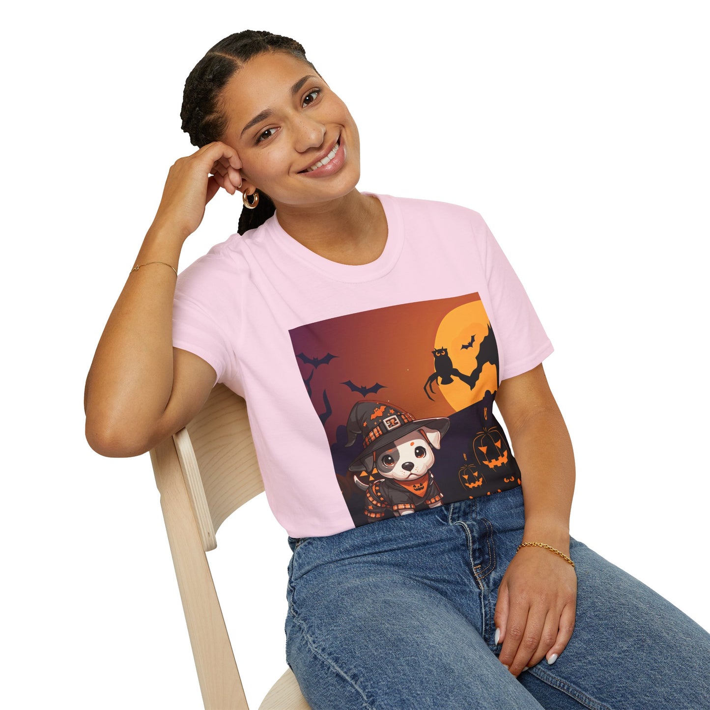 Unisex Softstyle T-Shirt - Pit Bull Pup and Pumpkins