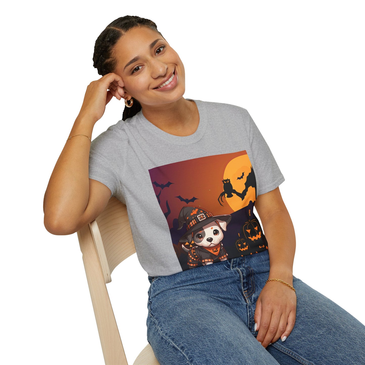 Unisex Softstyle T-Shirt - Pit Bull Pup and Pumpkins
