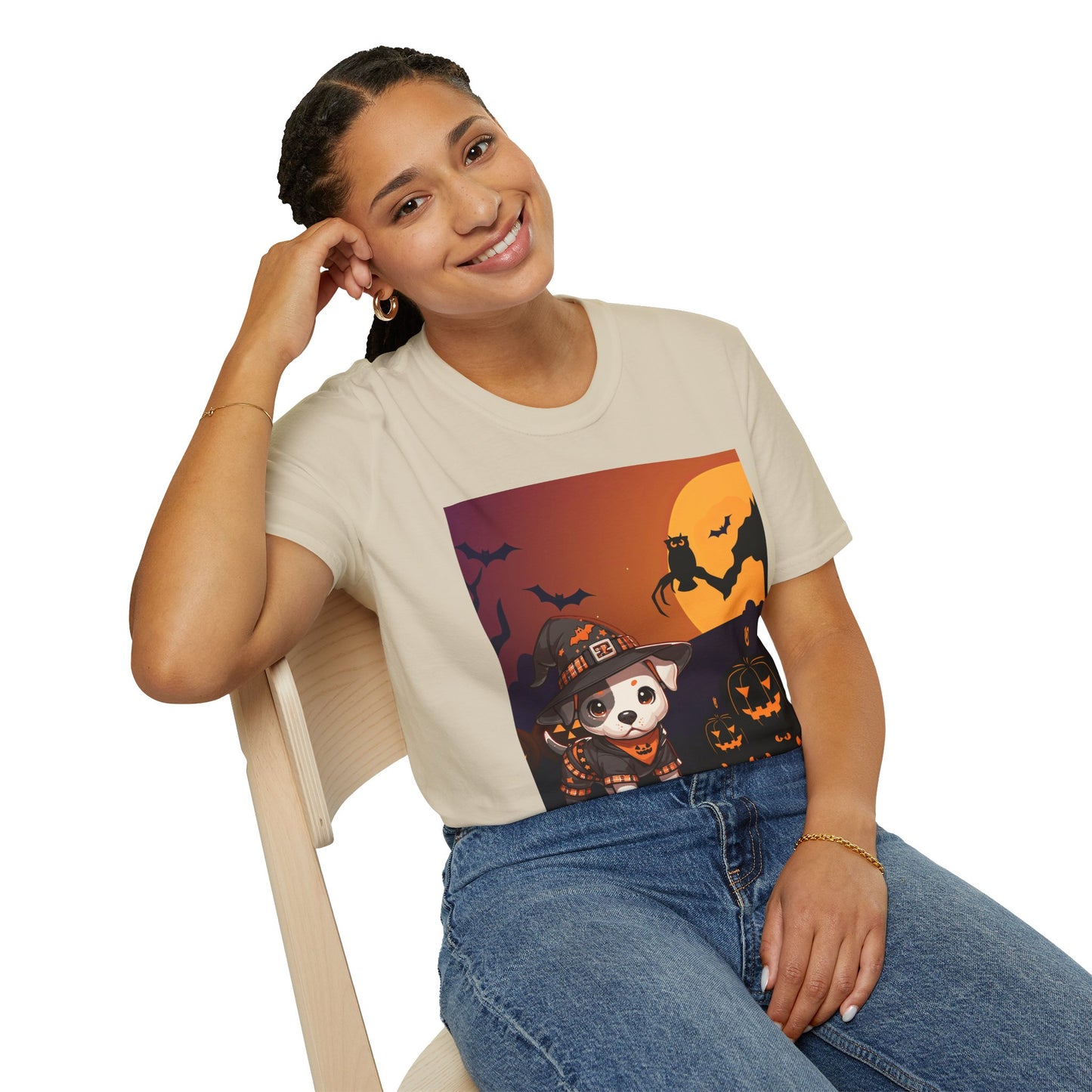 Unisex Softstyle T-Shirt - Pit Bull Pup and Pumpkins