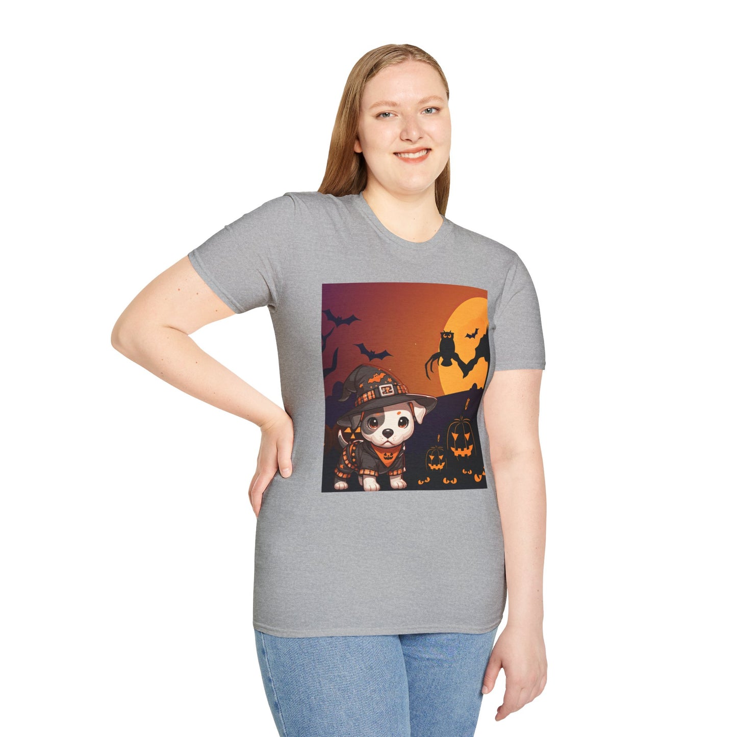 Unisex Softstyle T-Shirt - Pit Bull Pup and Pumpkins