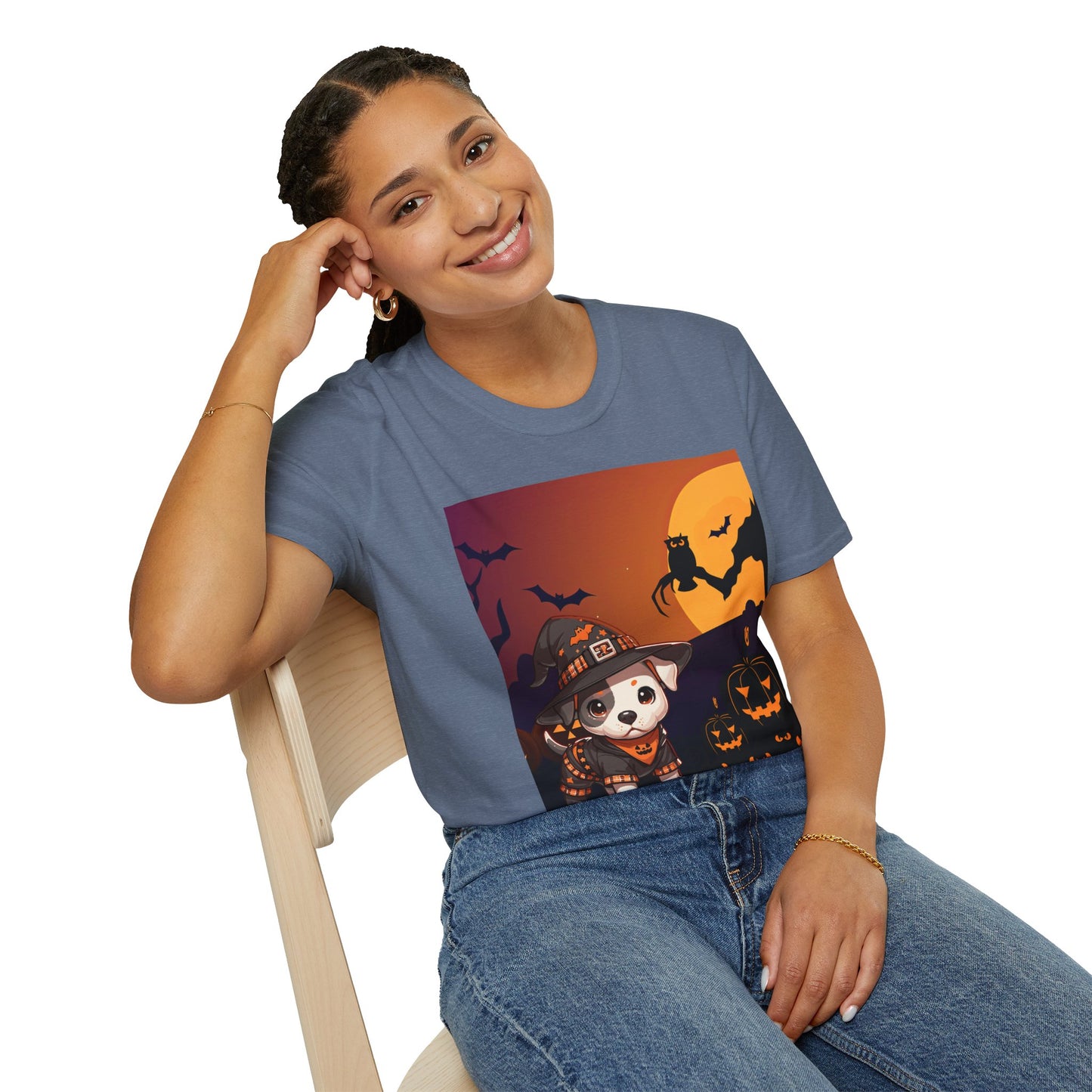 Unisex Softstyle T-Shirt - Pit Bull Pup and Pumpkins