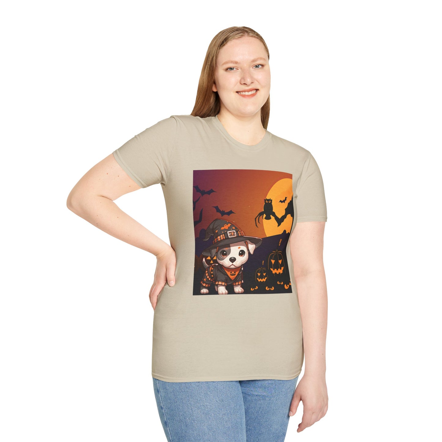 Unisex Softstyle T-Shirt - Pit Bull Pup and Pumpkins
