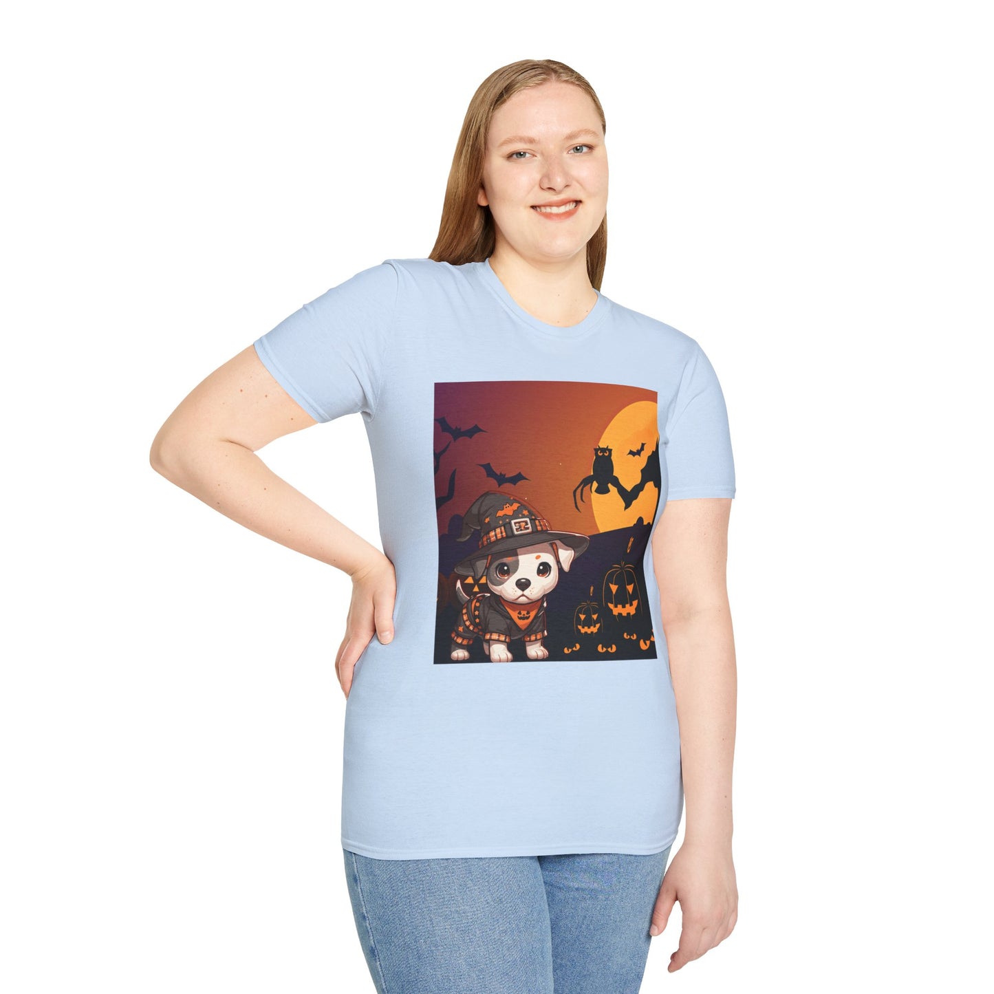 Unisex Softstyle T-Shirt - Pit Bull Pup and Pumpkins