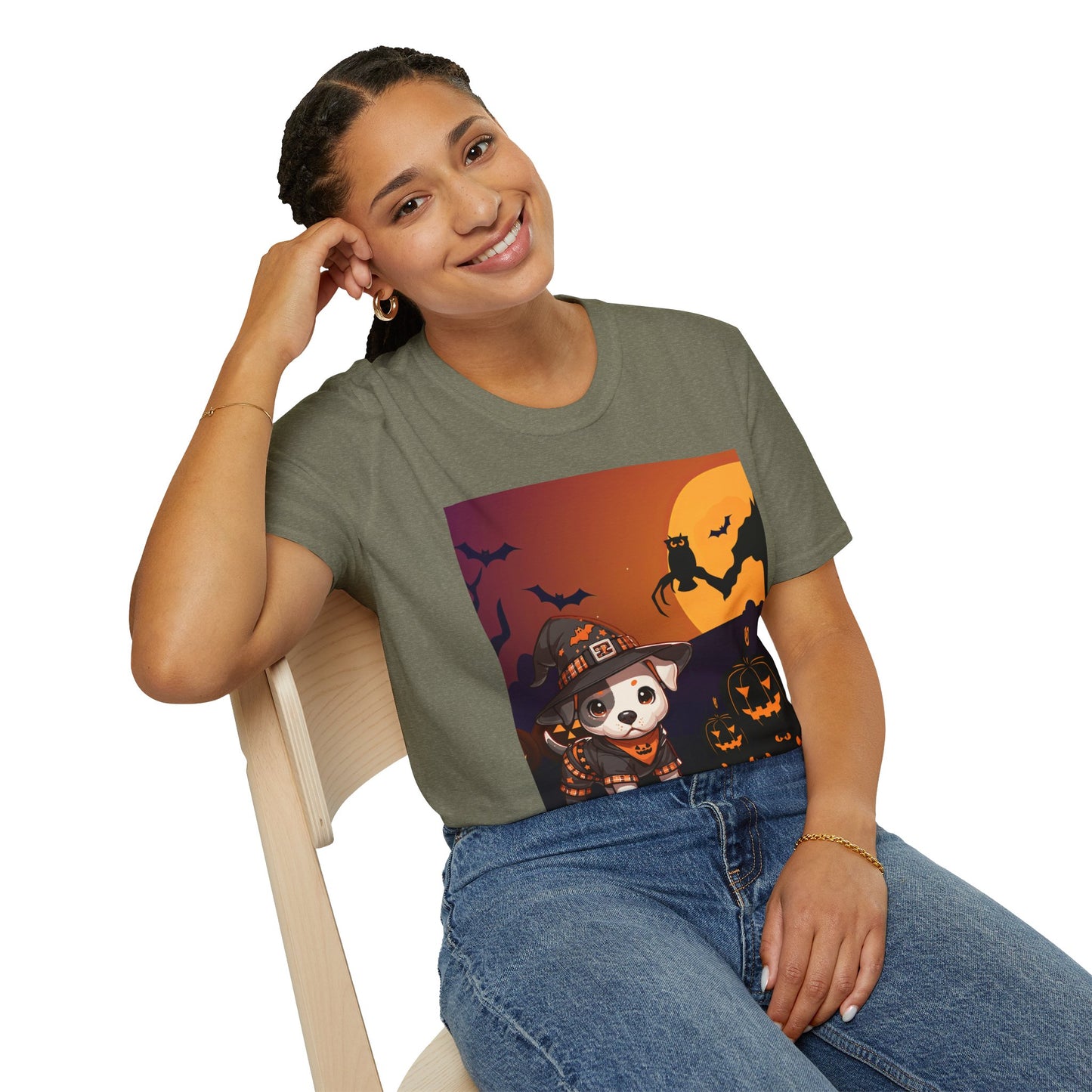 Unisex Softstyle T-Shirt - Pit Bull Pup and Pumpkins