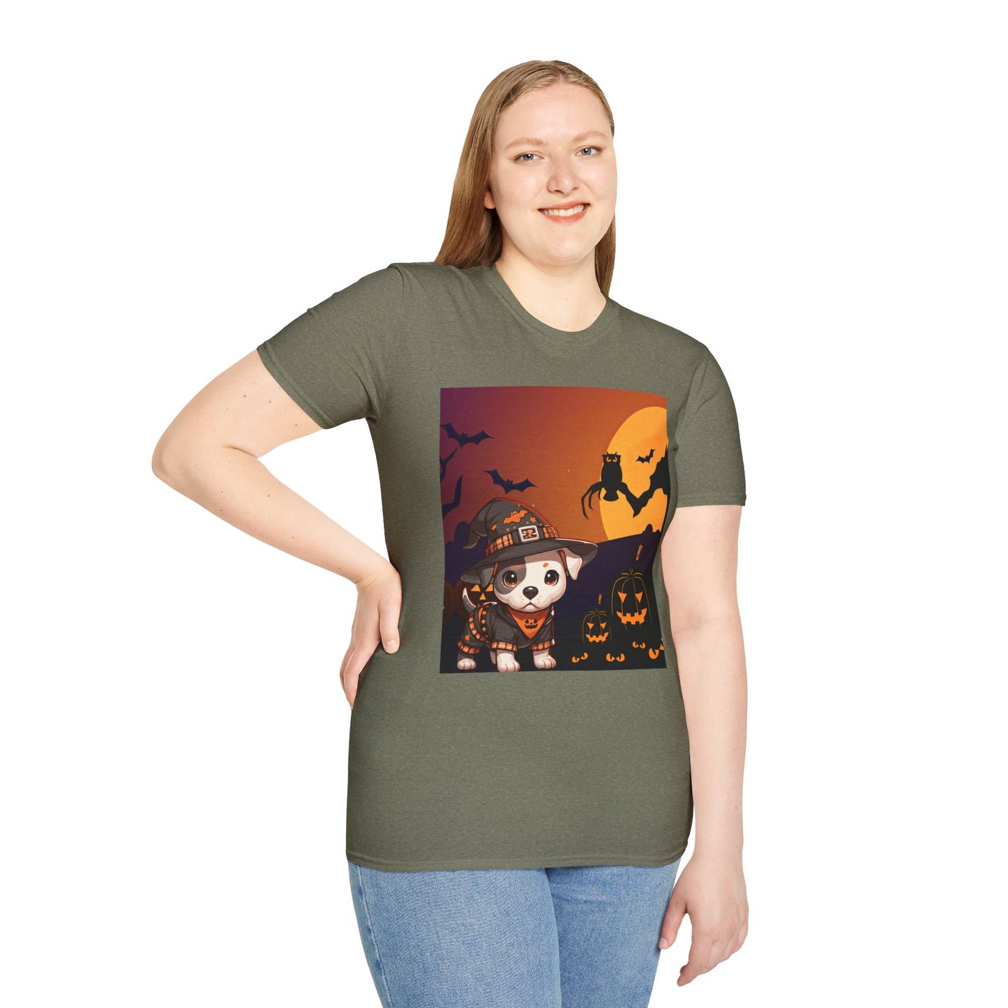 Unisex Softstyle T-Shirt - Pit Bull Pup and Pumpkins