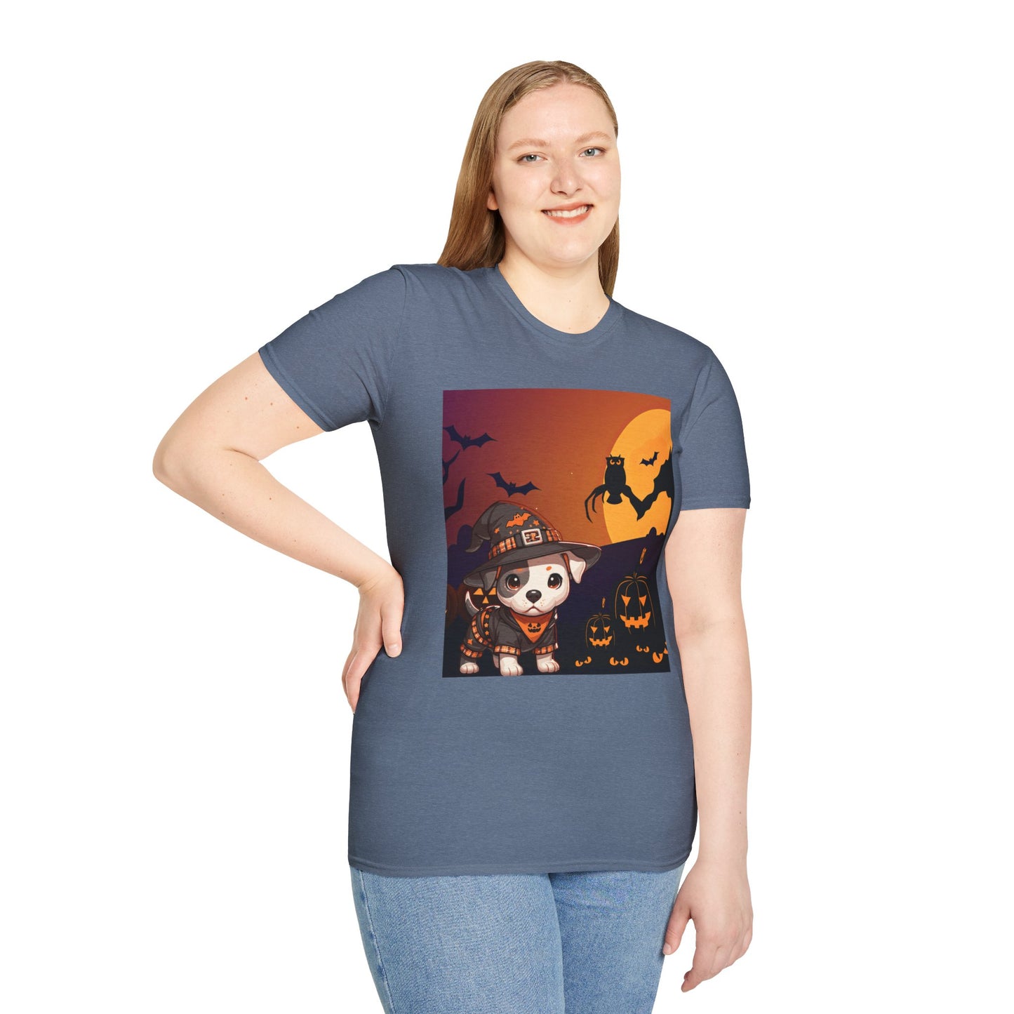 Unisex Softstyle T-Shirt - Pit Bull Pup and Pumpkins